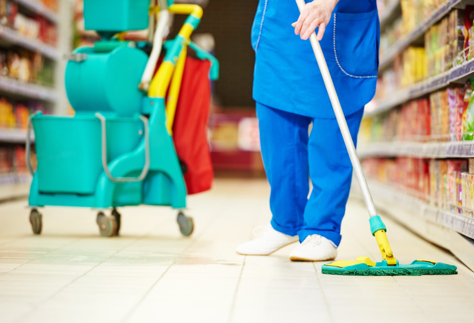 Female cleaner worker in uniform  with mop cleaning the floor of supermarket shop store
